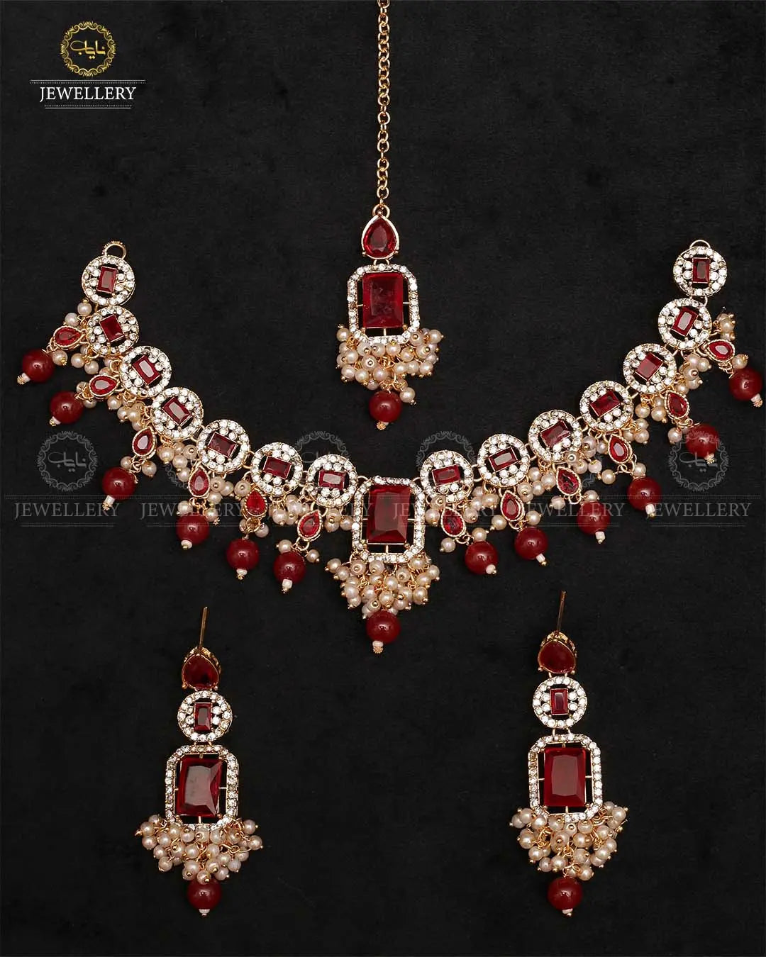 Egyptian Flexible choker Necklace set with tika-2237-Golden Nayab Jewellery