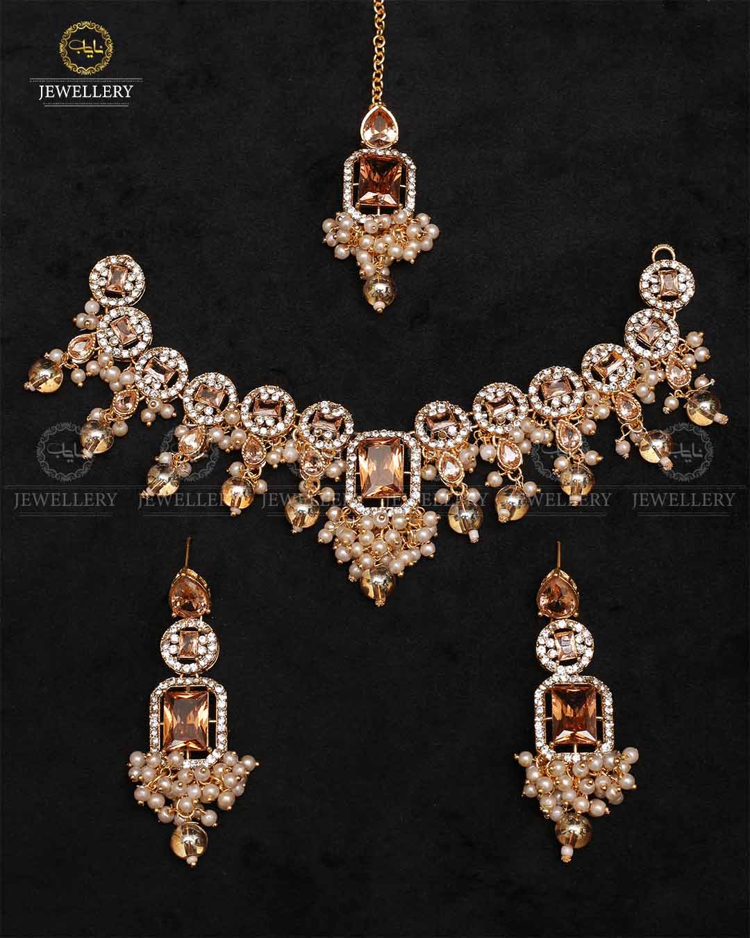 Egyptian Flexible choker Necklace set with tika-2237-Golden Nayab Jewellery