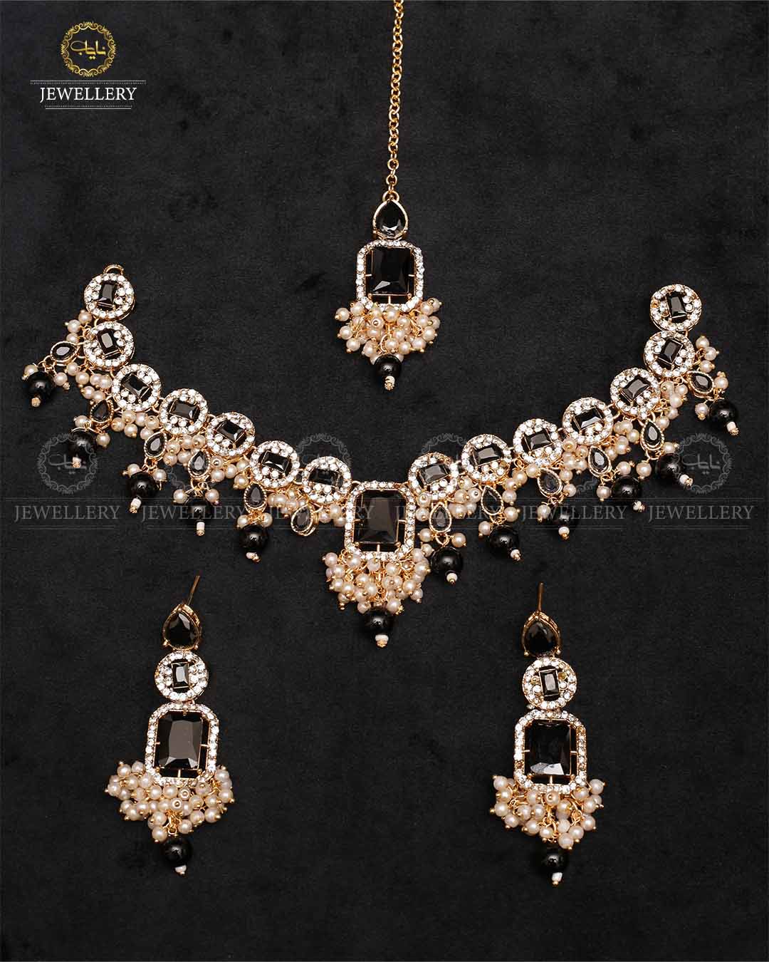 Egyptian Flexible choker Necklace set with tika-2237-Golden Nayab Jewellery