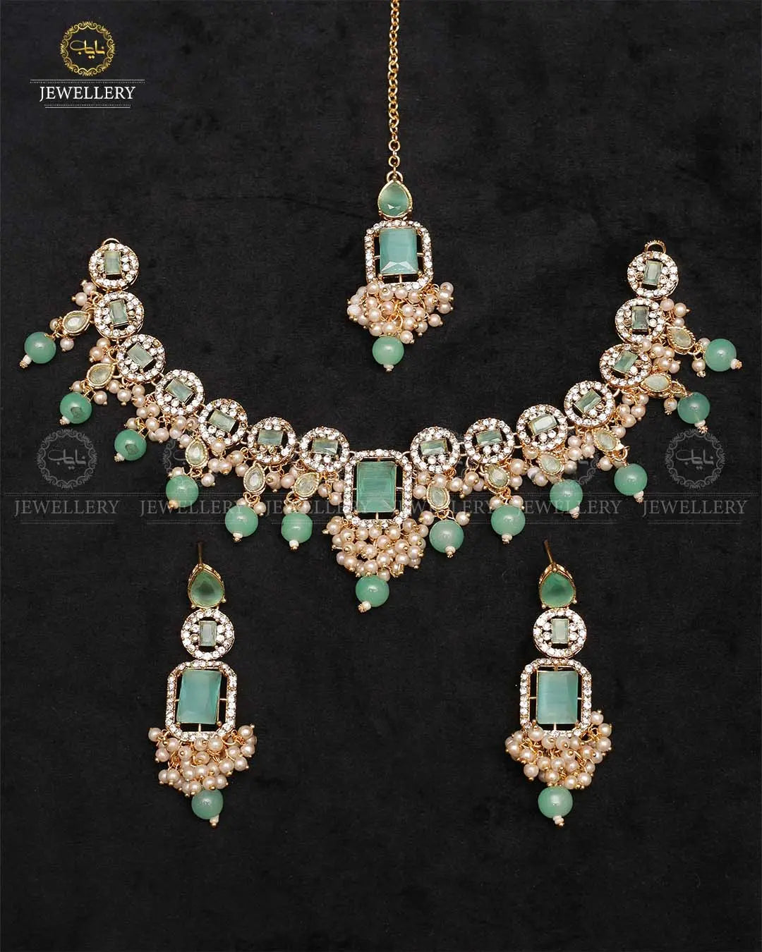 Egyptian Flexible choker Necklace set with tika-2237-Golden Nayab Jewellery