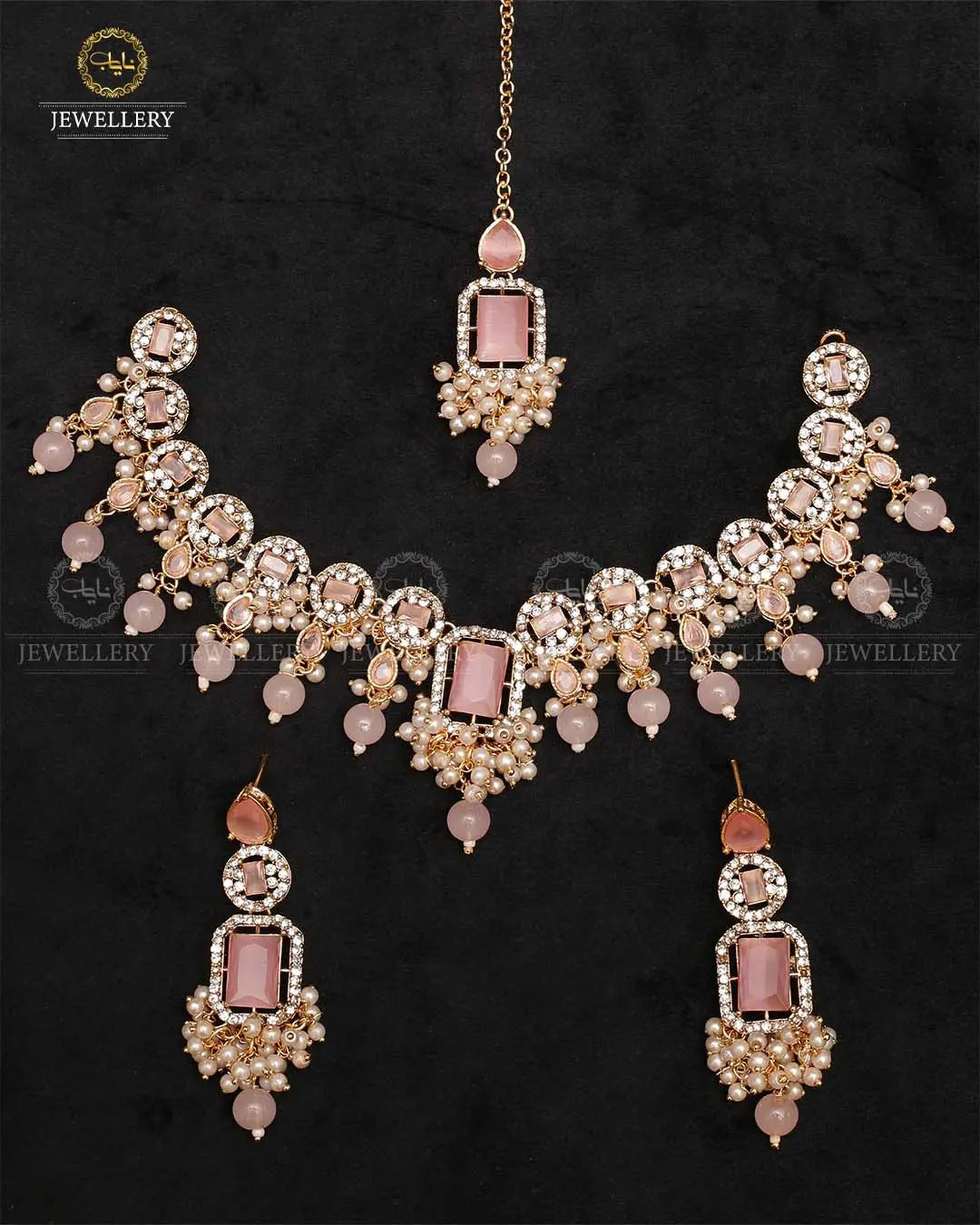 Egyptian Flexible choker Necklace set with tika-2237-Golden Nayab Jewellery