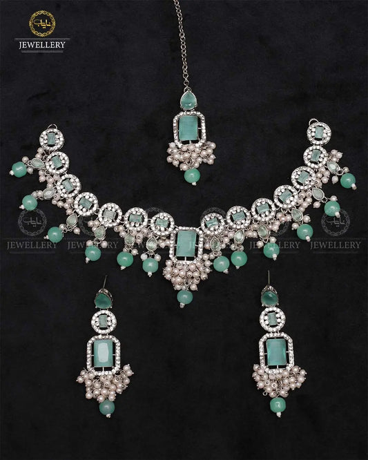 Egyptian Flexible choker Necklace set with tika-2237-Silver Nayab Jewellery