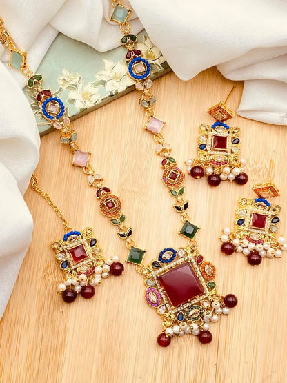 Egyptian Gems Square Stones Mala set with Tika-2046 Nayab Jewellery