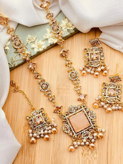 Egyptian Gems Square Stones Mala set with Tika-2046 Nayab Jewellery