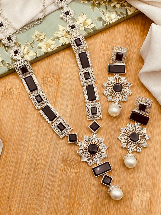 Silver Star Fancy Mala Set with Earring NJ-1557-Silver