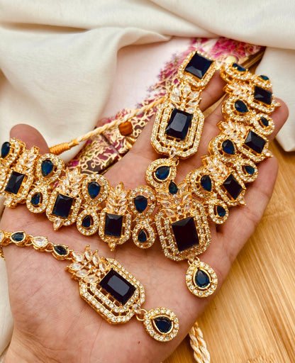 Zirconia Doublet stones Necklace set-2572-Golden