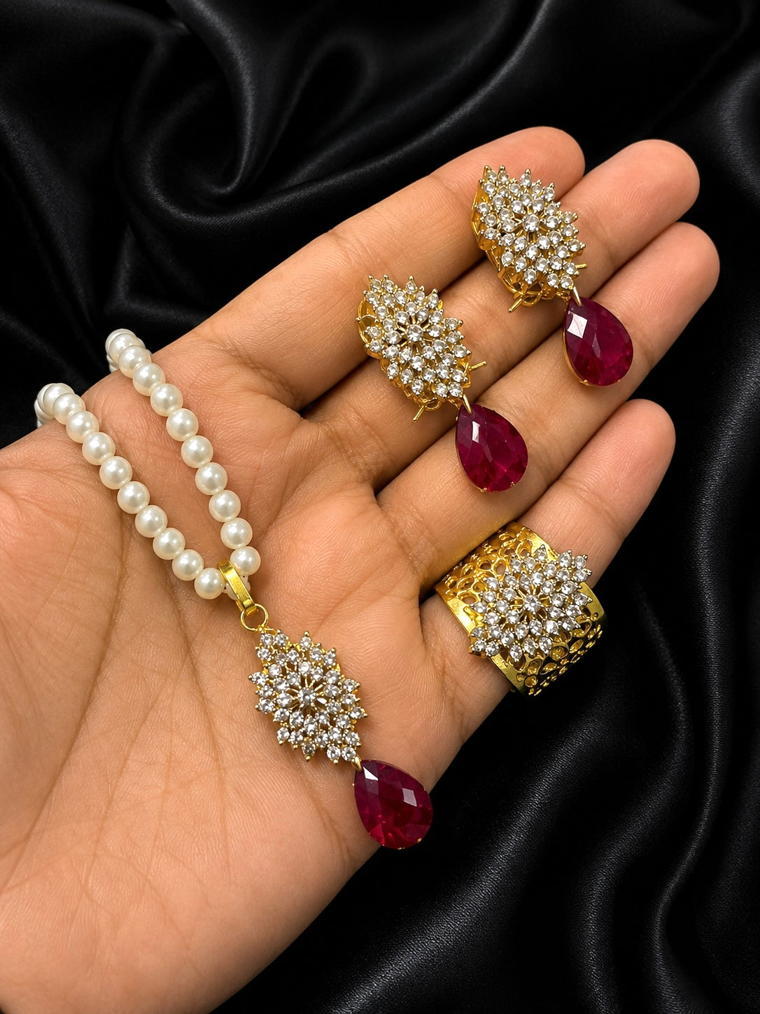 Trending Jarao Combo set with pearl mala -1956