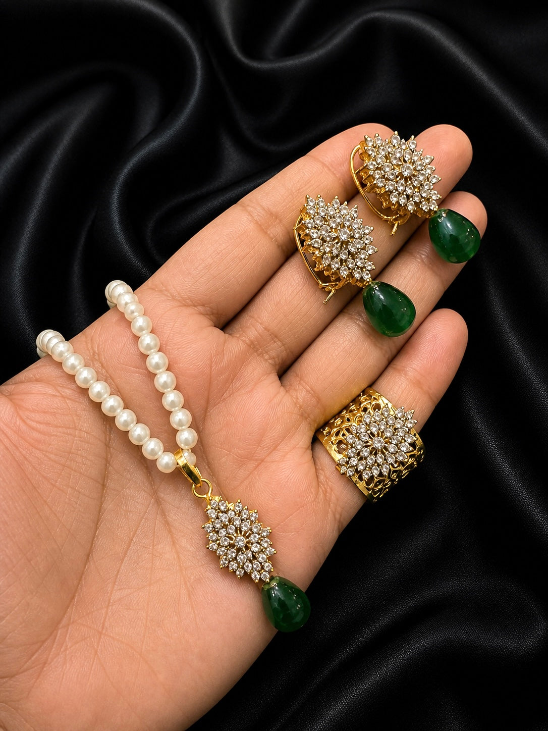 Trending Jarao Combo set with pearl mala -1956