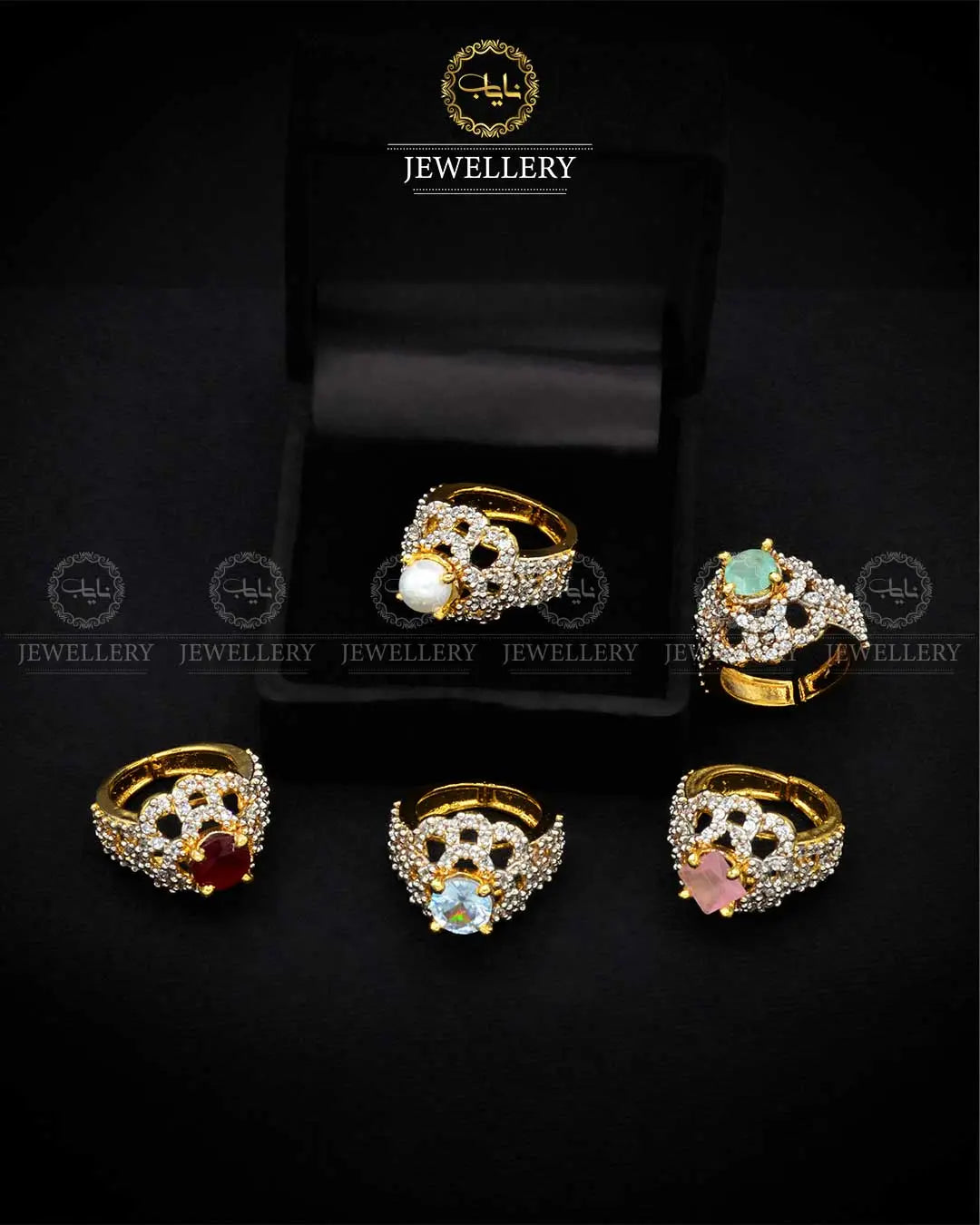 Gold Polish Jarao Stones Ring (size Adjustable) NJ-1831 Nayab Jewellery