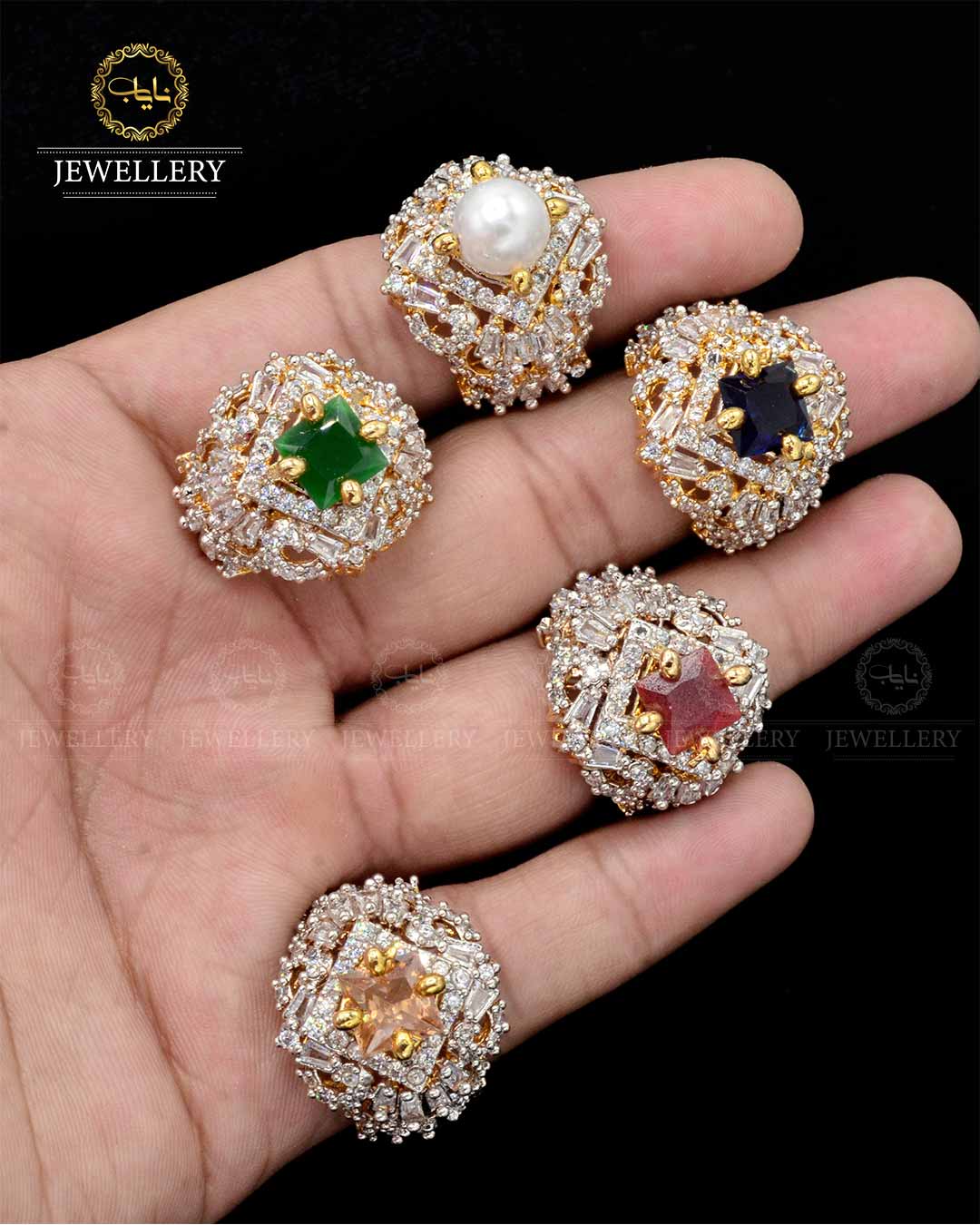 Gold Polish Jarao Stones Ring (size Adjustable) NJ-1833 Nayab Jewellery