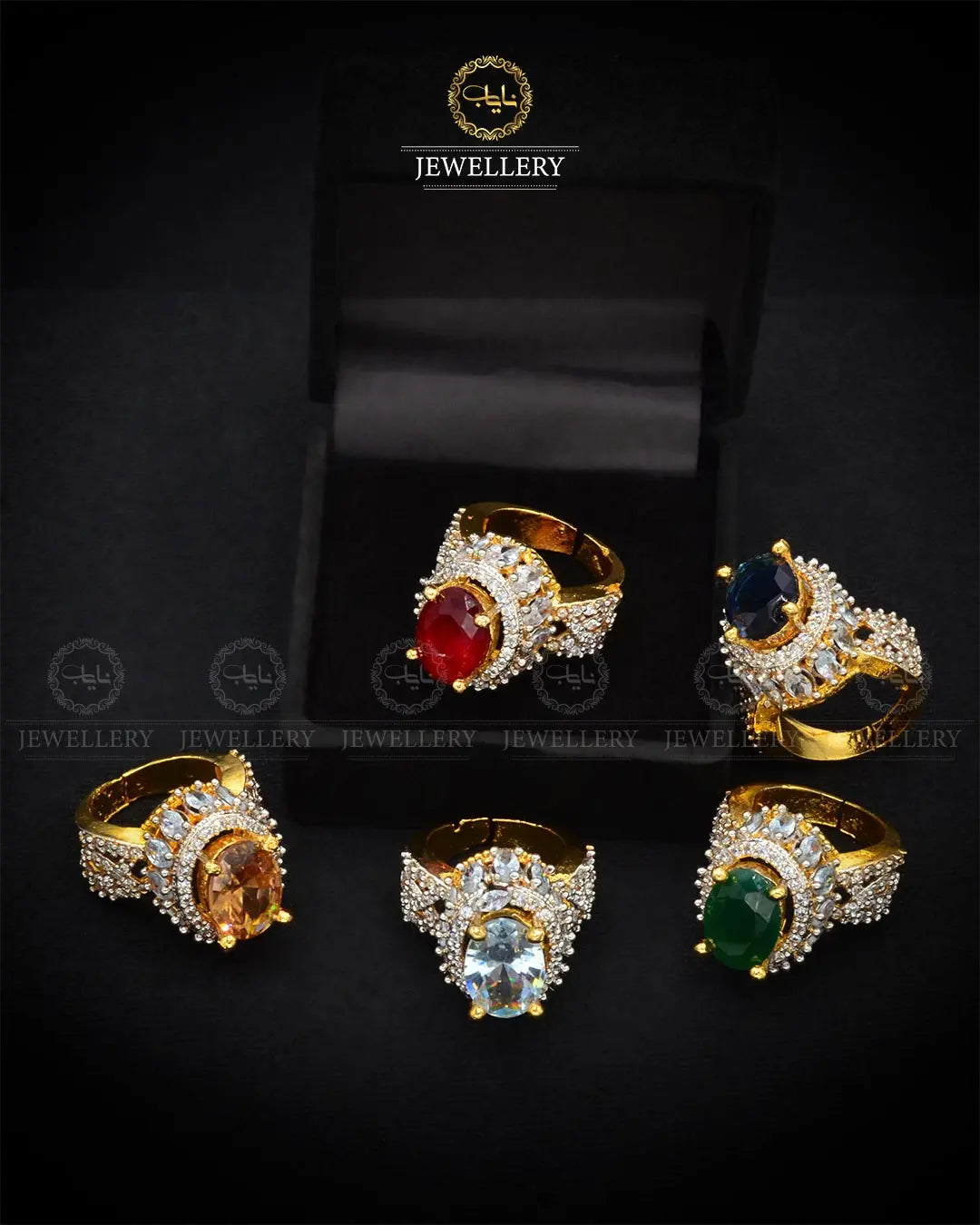 Gold Polish Jarao Stones Ring (size Adjustable) NJ-1836 Nayab Jewellery