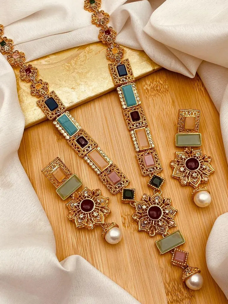 Gold Star Fancy Mala Set with Earring NJ-1557 Nayab Jewellery