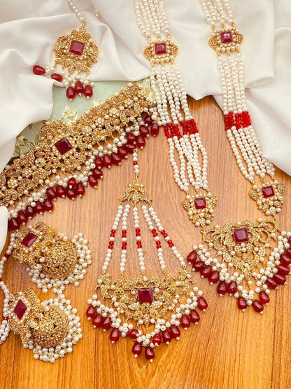 Gold plated 6 pcs Bridal Necklace  with Mala Jhomer Tika & Jhumkaz NJ-1918 Nayab Jewellery