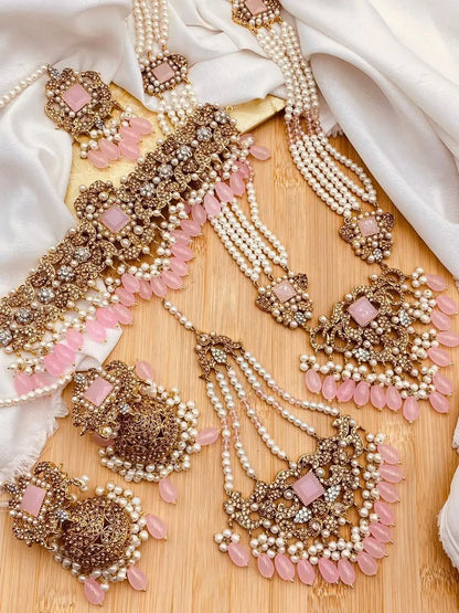 Gold plated 6 pcs Bridal Necklace  with Mala Jhomer Tika & Jhumkaz NJ-1918 Nayab Jewellery