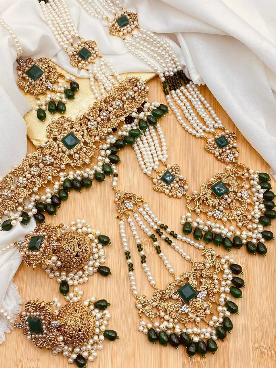 Gold plated 6 pcs Bridal Necklace  with Mala Jhomer Tika & Jhumkaz NJ-1918 Nayab Jewellery