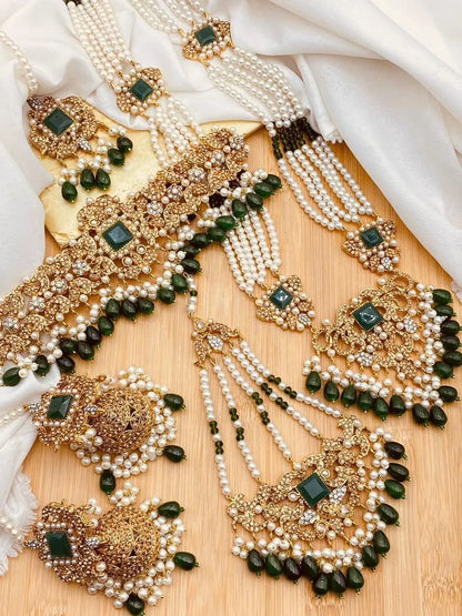 Gold plated 6 pcs Bridal Necklace  with Mala Jhomer Tika & Jhumkaz NJ-1918 Nayab Jewellery
