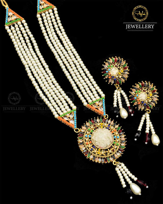 Hand made Crush with Noratan Stones Mala set NJ-1799 Nayab Jewellery