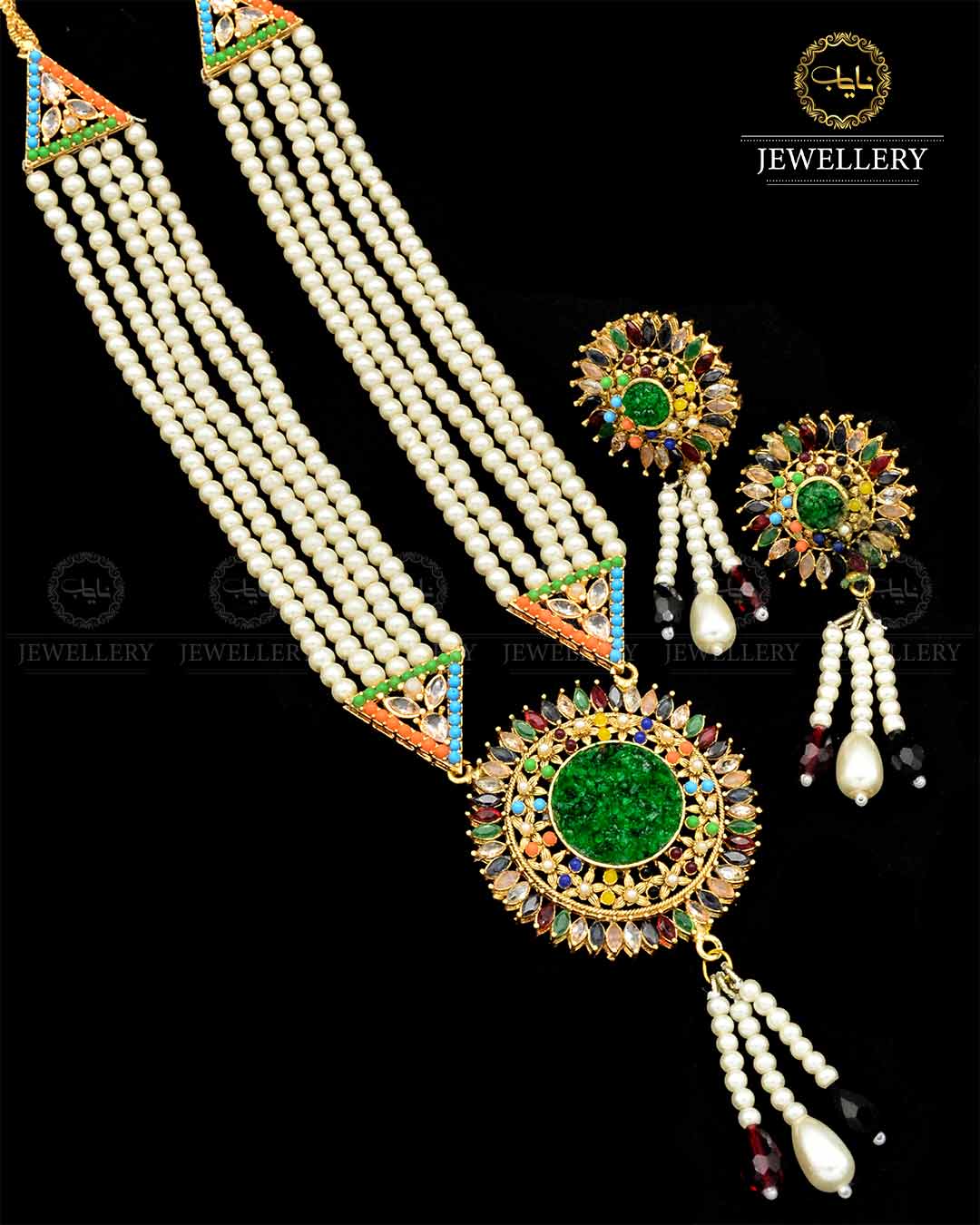 Hand made Crush with Noratan Stones Mala set NJ-1799 Nayab Jewellery