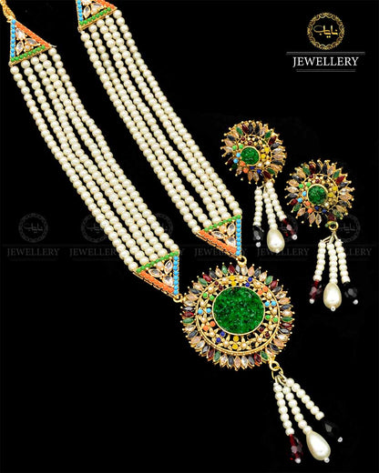Hand made Crush with Noratan Stones Mala set NJ-1799 Nayab Jewellery
