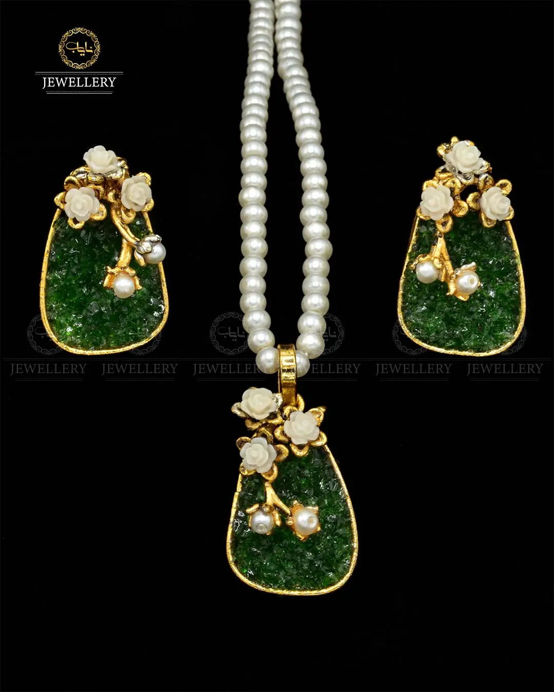 Hand made crush Locket set with pearl mala NJ-1875 Nayab Jewellery