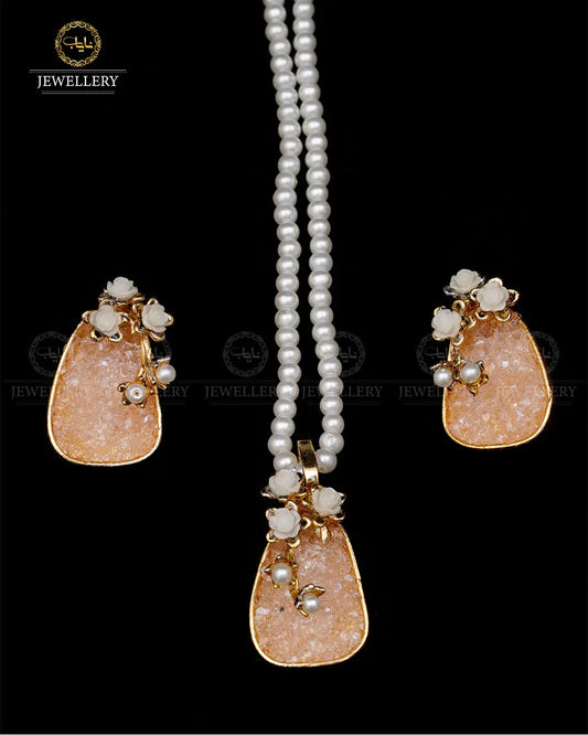 Hand made crush Locket set with pearl mala NJ-1875 Nayab Jewellery