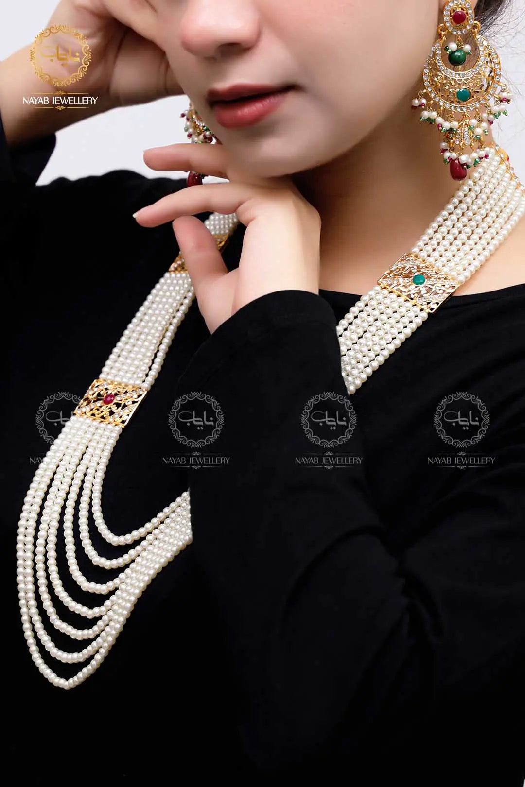 High Quality Mughlai Pearl Mala Set wit Earring NJ-1167 Nayab Jewellery