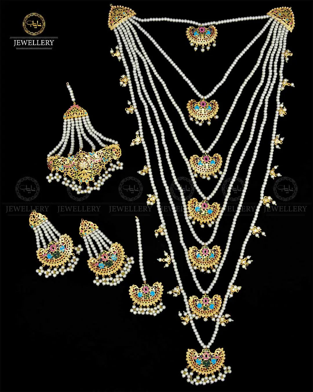 Hyedrabadi 7 lara  Bridal Long Mala set with Tika & Jhomer NJ-1905 Nayab Jewellery