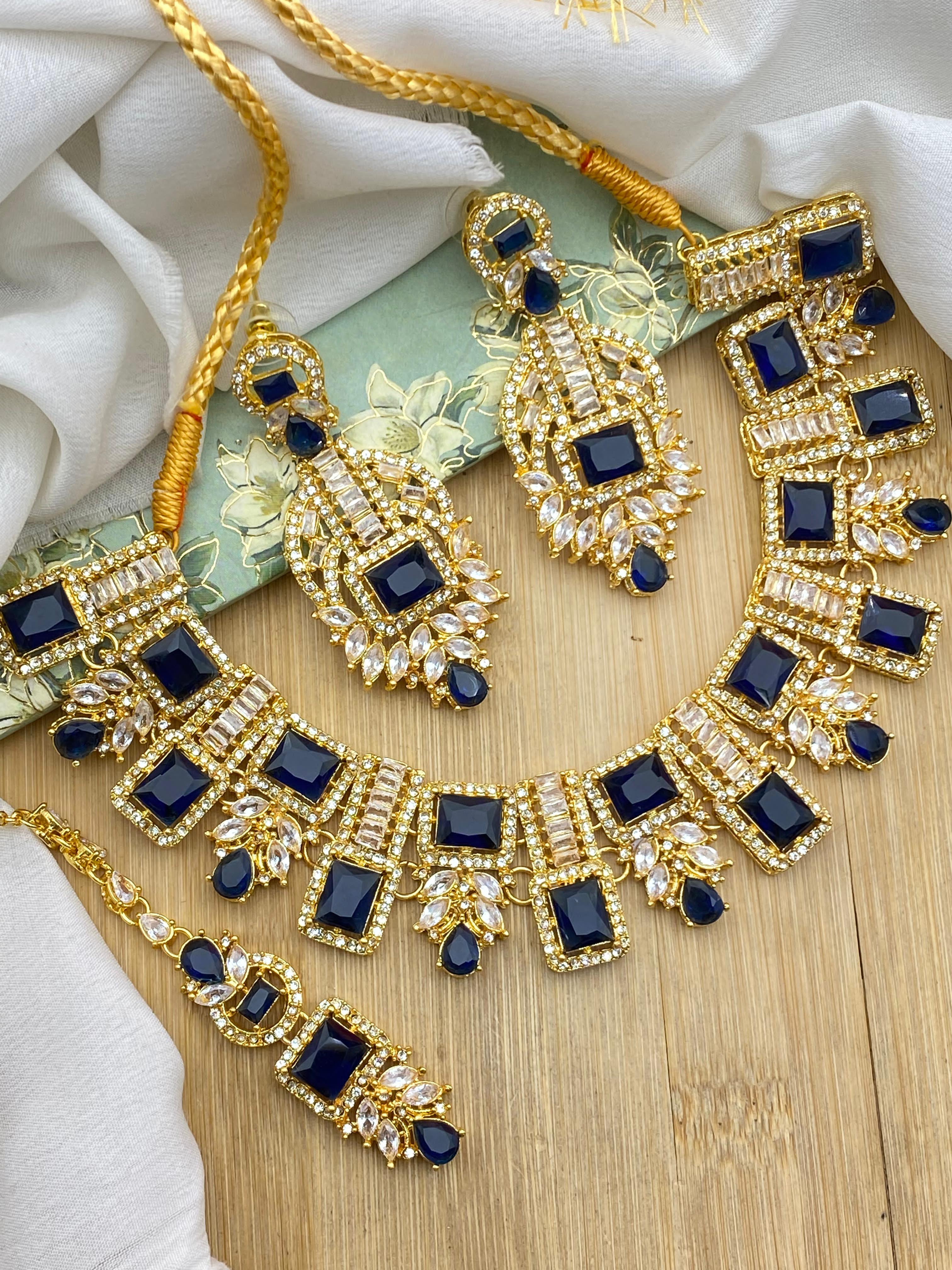 Saqure Stones Zirconia Necklace set with Tika-2178-Golden