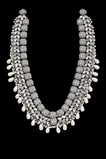 Kundan Long Bridal Mala (without Earrings)-2578-Silver