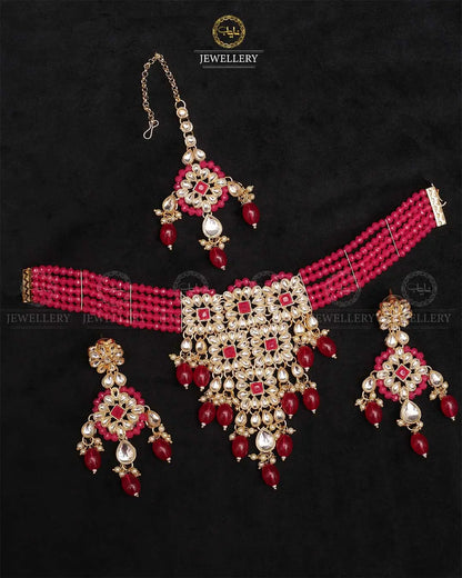 Indian kundan Jhalar Chokar set with Tika-2253-Golden Nayab Jewellery