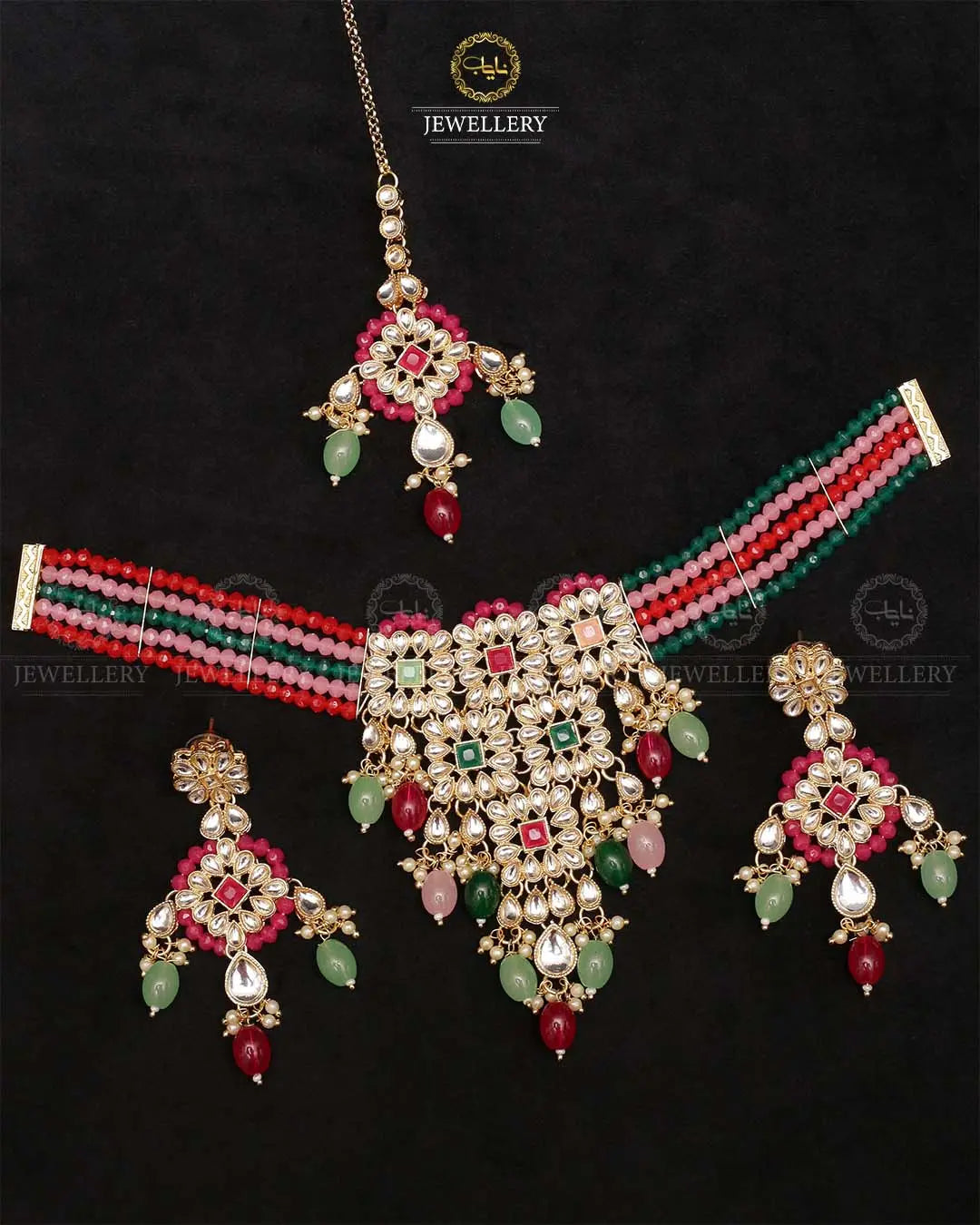 Indian kundan Jhalar Chokar set with Tika-2253-Golden Nayab Jewellery