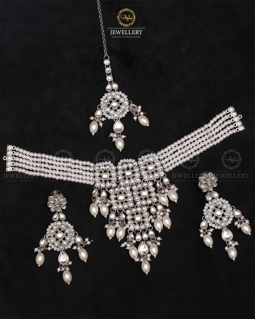 Indian kundan Jhalar Chokar set with Tika-2253-Silver Nayab Jewellery