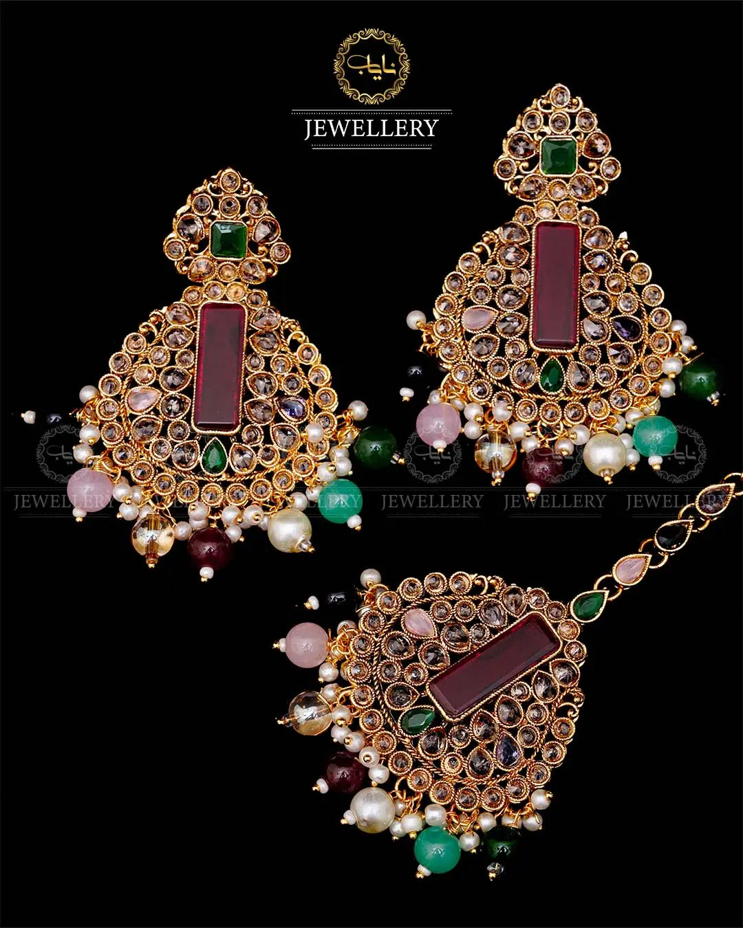 Kundan With Turkish Stones Earrings Tika set -1943-G Nayab Jewellery