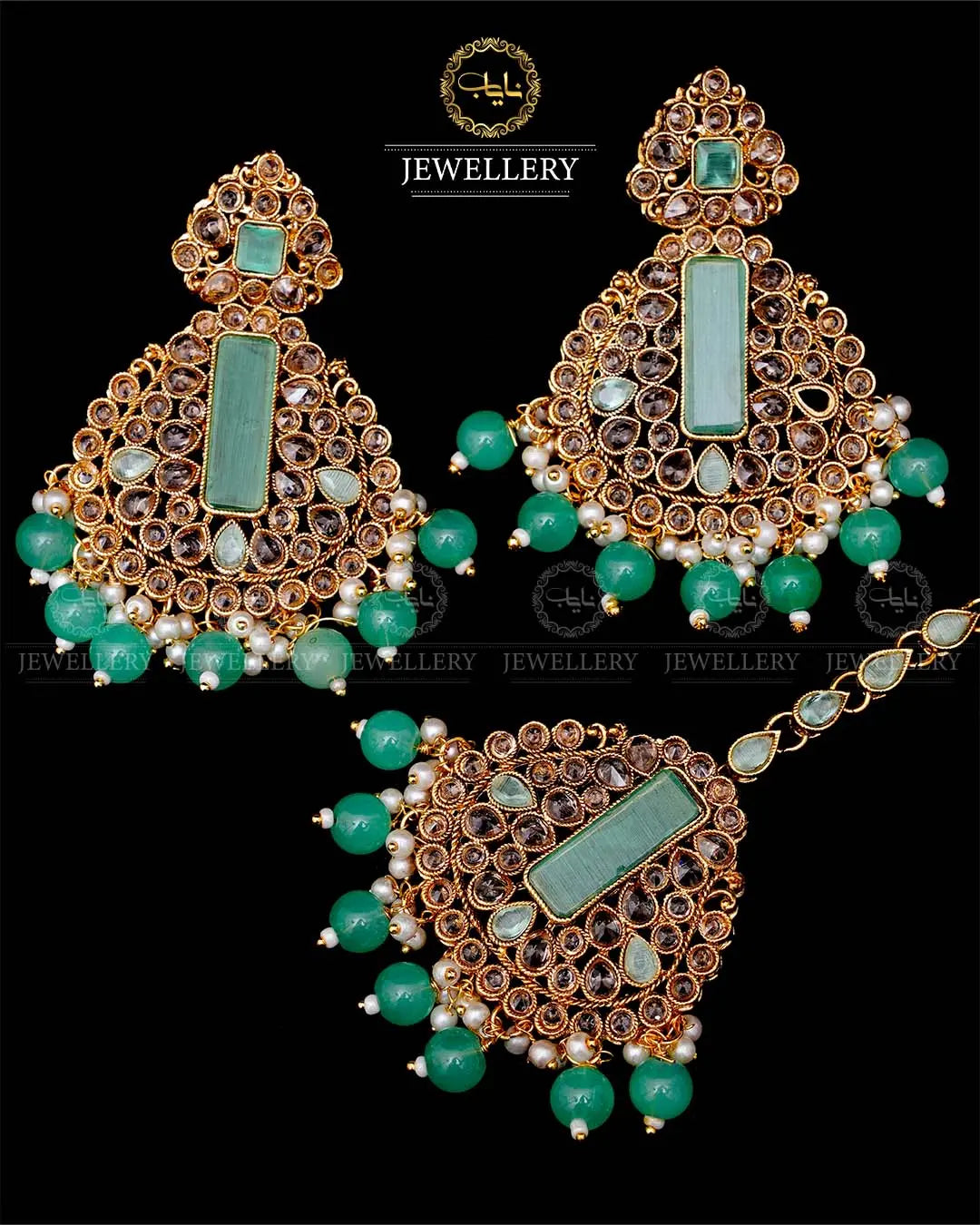 Kundan With Turkish Stones Earrings Tika set -1943-G Nayab Jewellery