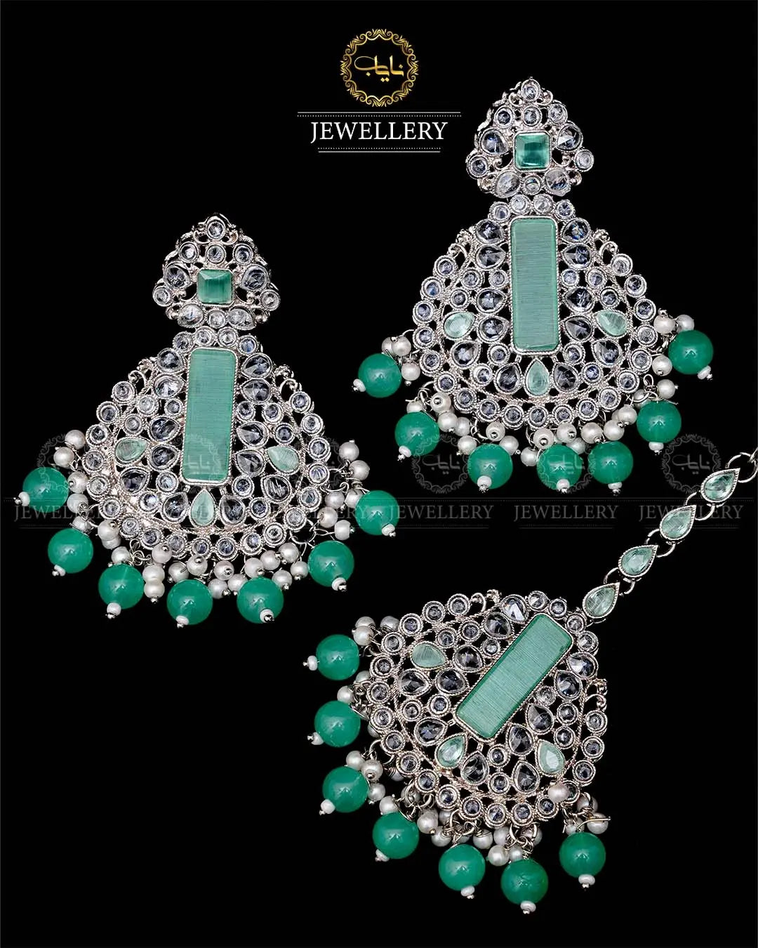 Kundan With Turkish Stones Earrings Tika set -1943-Silver Nayab Jewellery