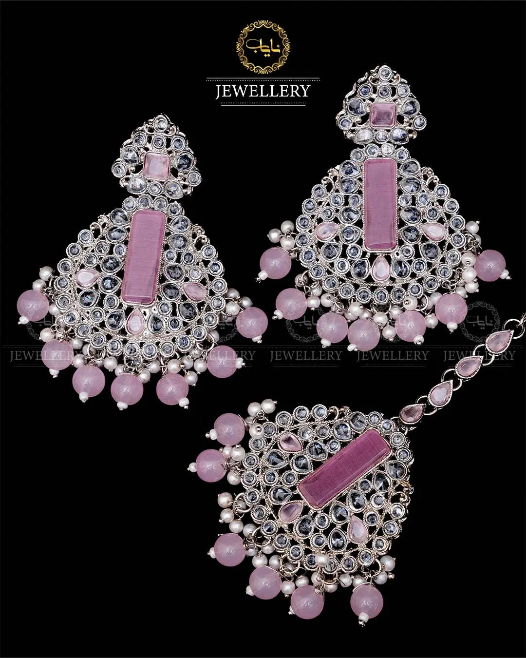 Kundan With Turkish Stones Earrings Tika set -1943-Silver Nayab Jewellery