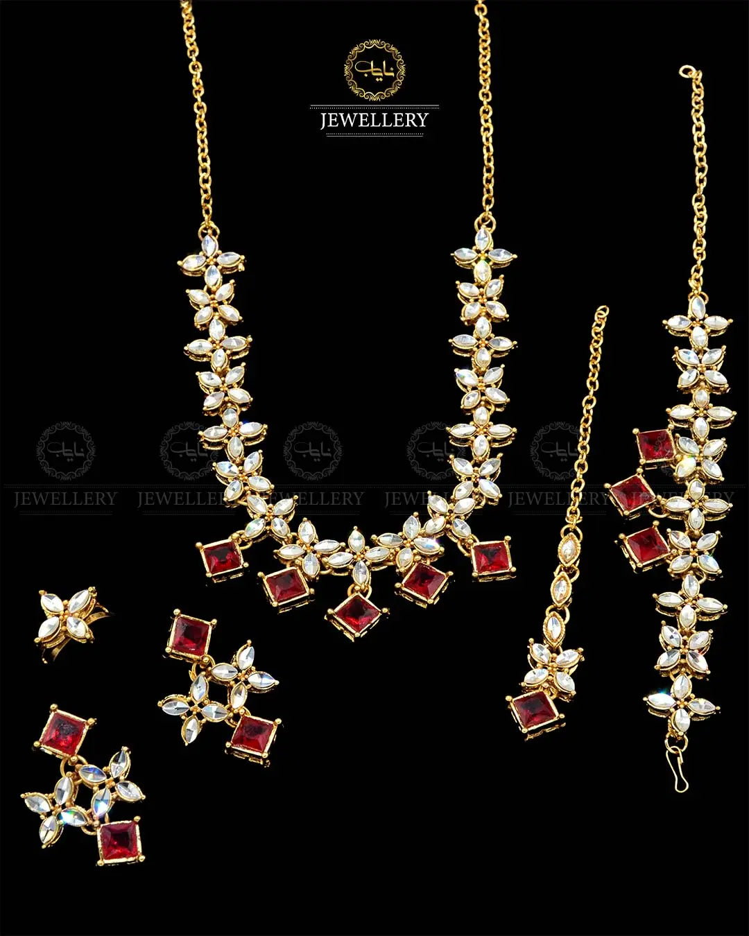 Kundan combo Necklace set with Earrings Tika Ring & Bracelet NJ-1907-G Nayab Jewellery