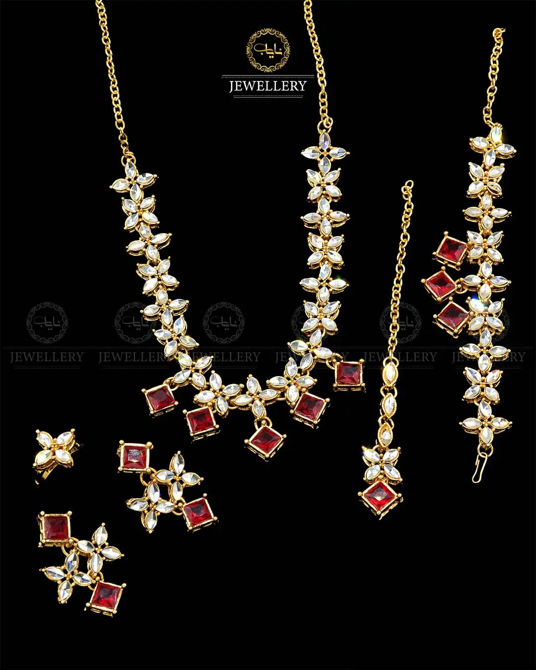 Kundan combo Necklace set with Earrings Tika Ring & Bracelet NJ-1907-G Nayab Jewellery