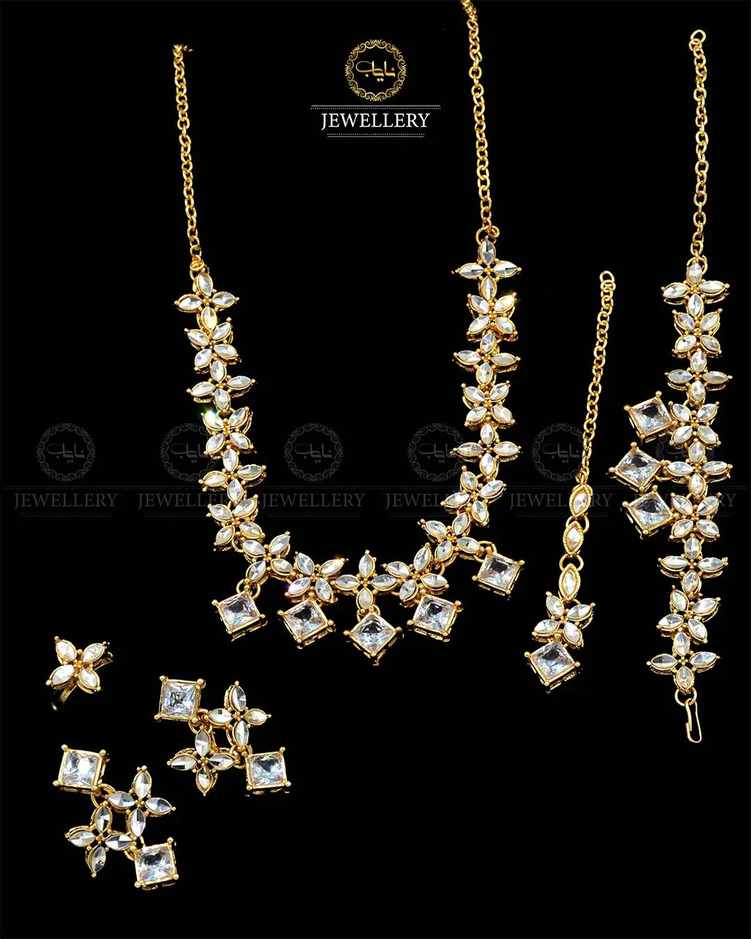 Kundan combo Necklace set with Earrings Tika Ring & Bracelet NJ-1907-G Nayab Jewellery