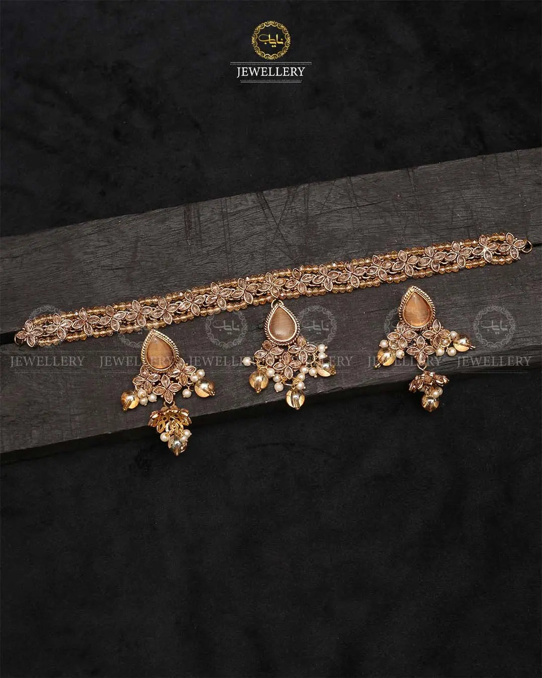 Lumiar Flexible choker patti set with jhumki-2238-Golden Nayab Jewellery