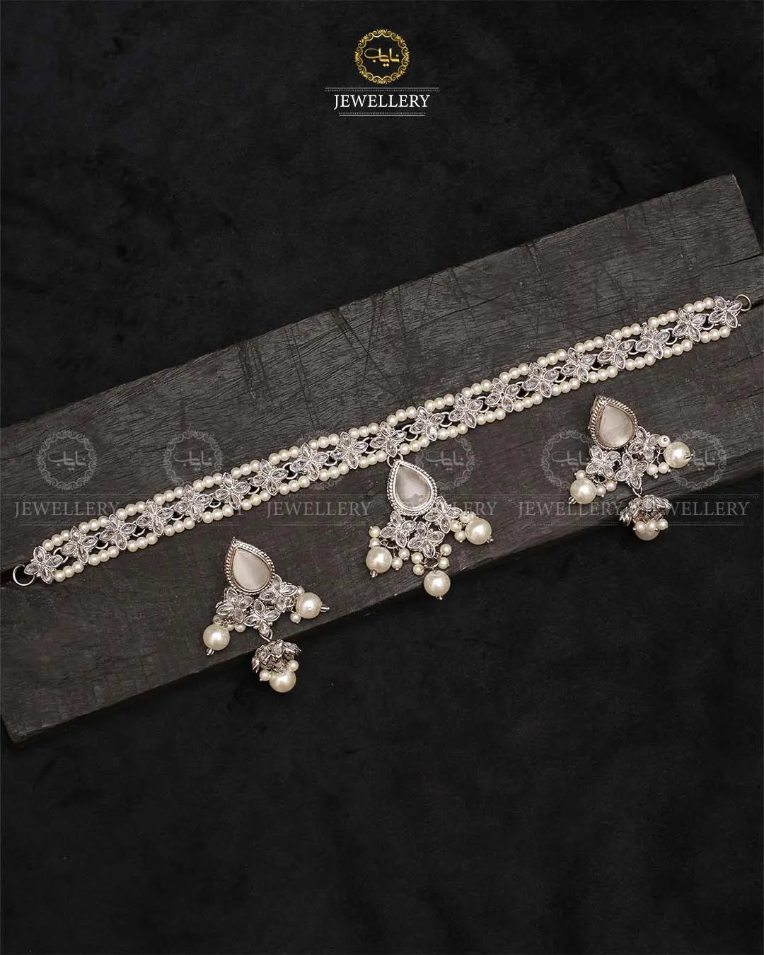 Lumiar Flexible choker patti set with jhumki-2238-Silver Nayab Jewellery