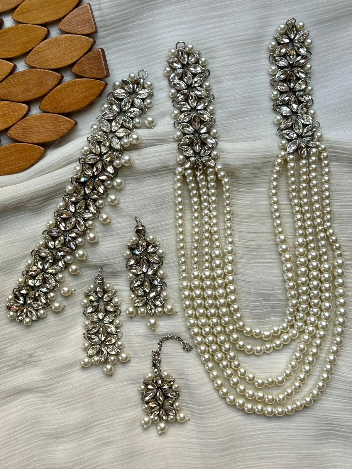 Mughlai Pearl 5 pcs Bridal Necklace set (original) NJ-1005-Silver Nayab Jewellery