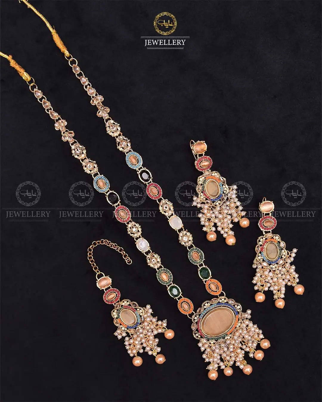 Noratan Mala set with Tika NJ-1912-Golden Nayab Jewellery