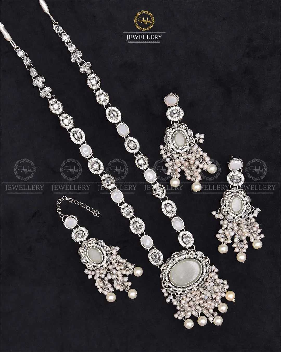 Noratan Mala set with Tika NJ-1912-Silver Nayab Jewellery