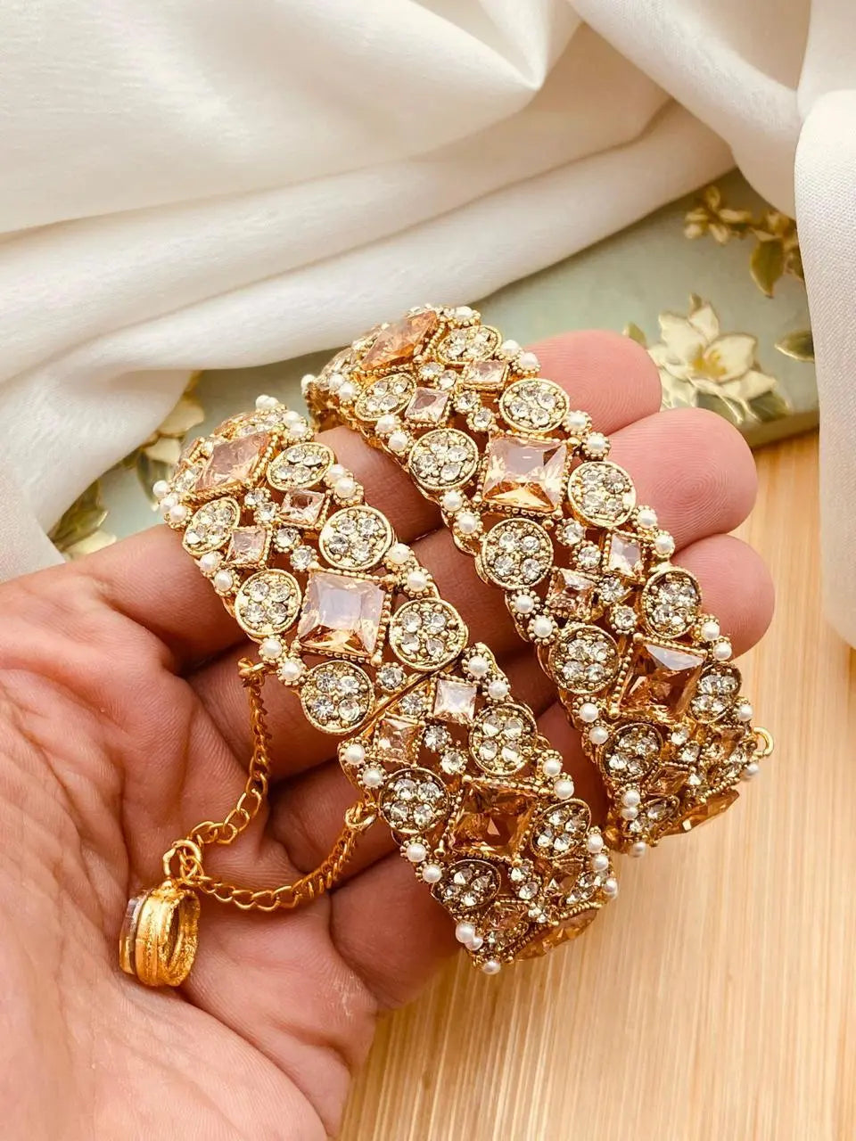 Novratan Square Gems Openable Bangles -2048-Golden Nayab Jewellery