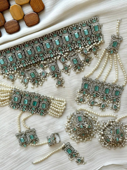 Premium Quality Kundan 7 pcs Bridal set with jhumkaz jhomer Tika & Anja -1949-Silver Nayab Jewellery