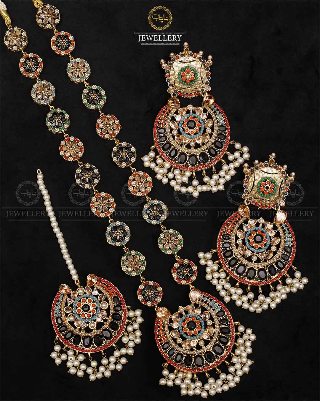 Premium Quality Noratan Mala With Long Tika set NJ-1807 Nayab Jewellery