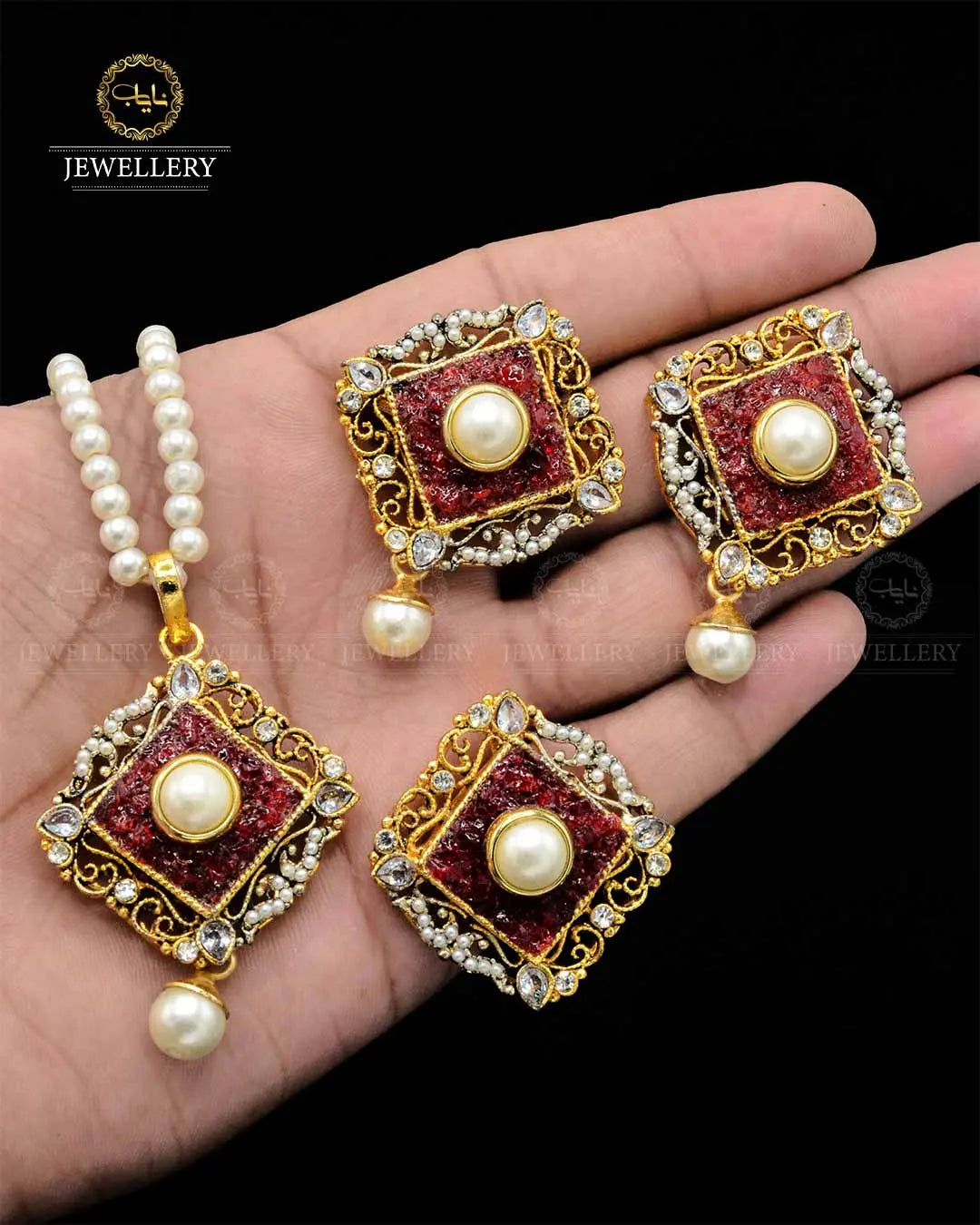 Premium quality Handmade Crush Locket Combo set with pearl mala NJ-1820 Nayab Jewellery