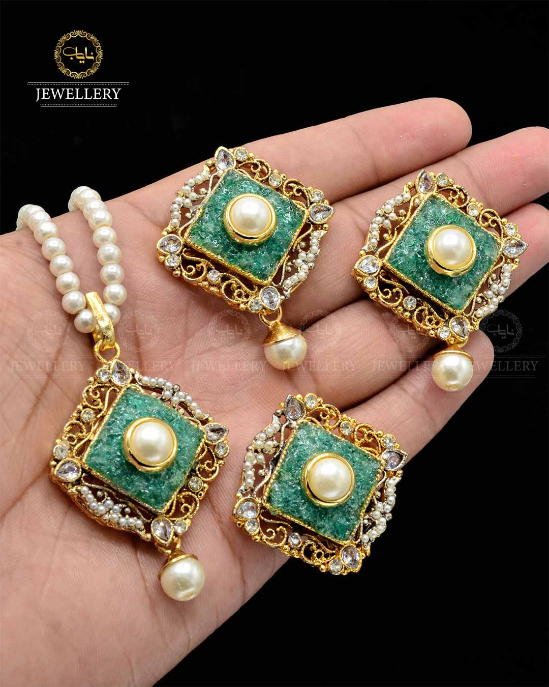 Premium quality Handmade Crush Locket Combo set with pearl mala NJ-1820 Nayab Jewellery