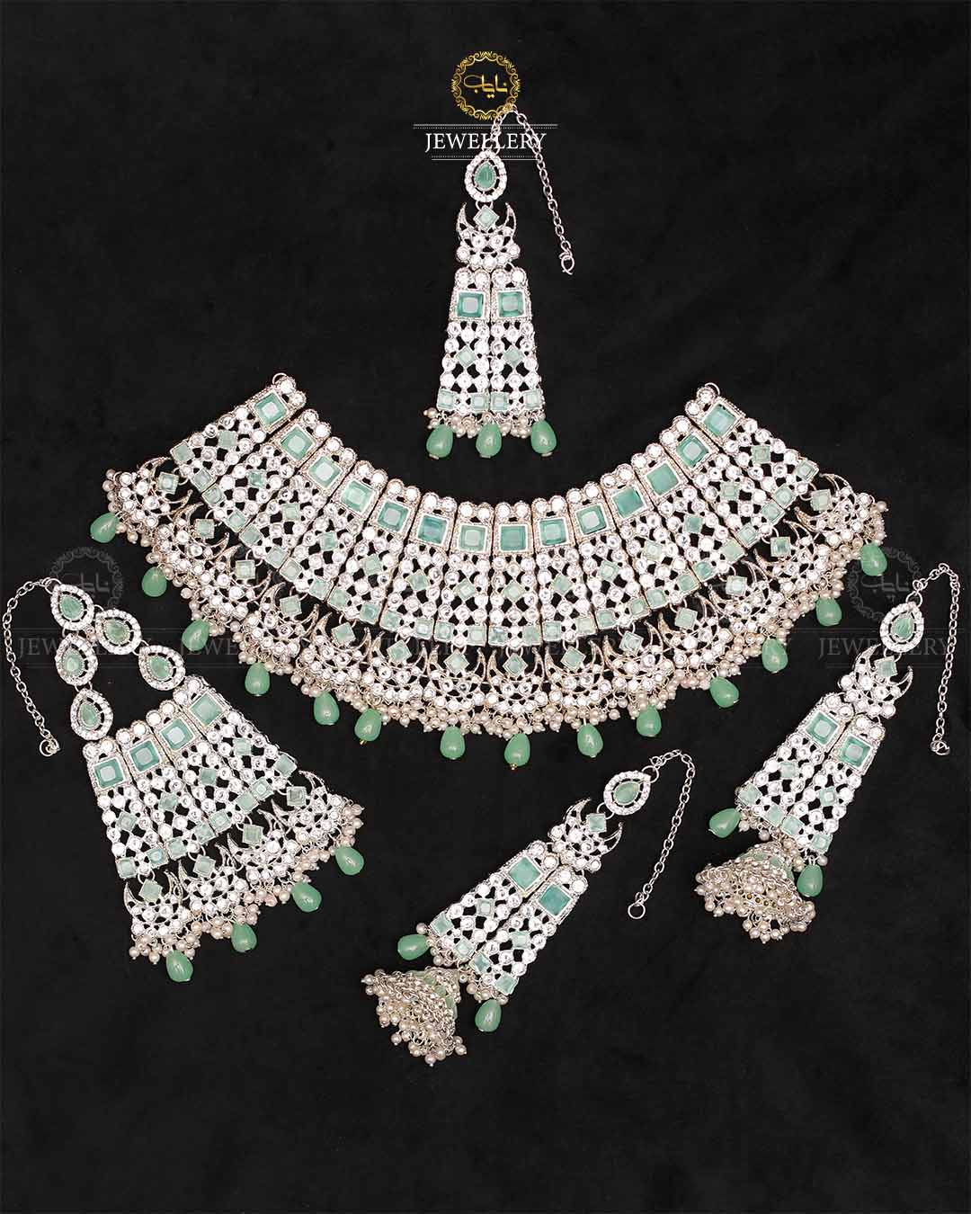 Rajhistani Zarcon Bridal Collar set-2373-Silver Nayab Jewellery